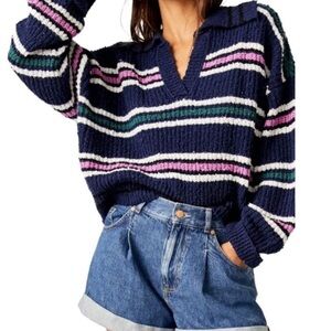 New Free People Kennedy Blue Striped Knit Pullover Oversized Cropped Sweater M